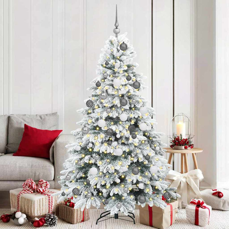 Kunstkerstboom Met 300 Led Met Standaard Pe En Pvc 180 cm Wit met LED's en witte/grijze ballen