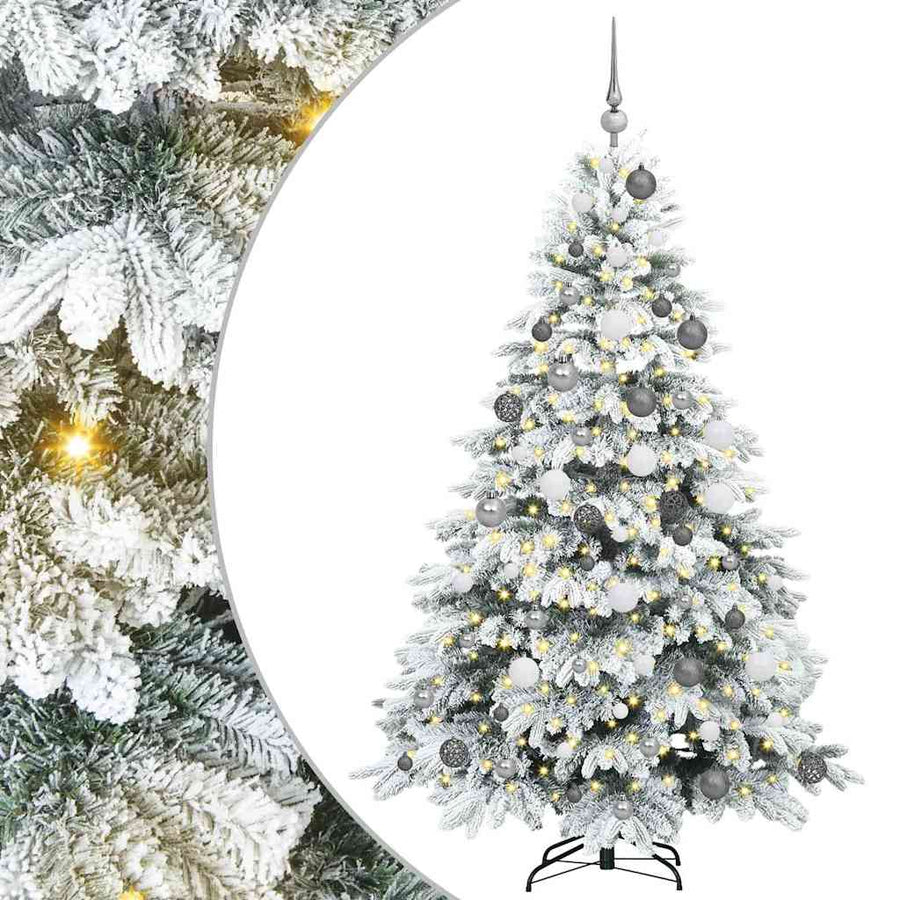 Kunstkerstboom Met 300 Led Met Standaard Pe En Pvc 180 cm Wit met LED's en witte/grijze ballen