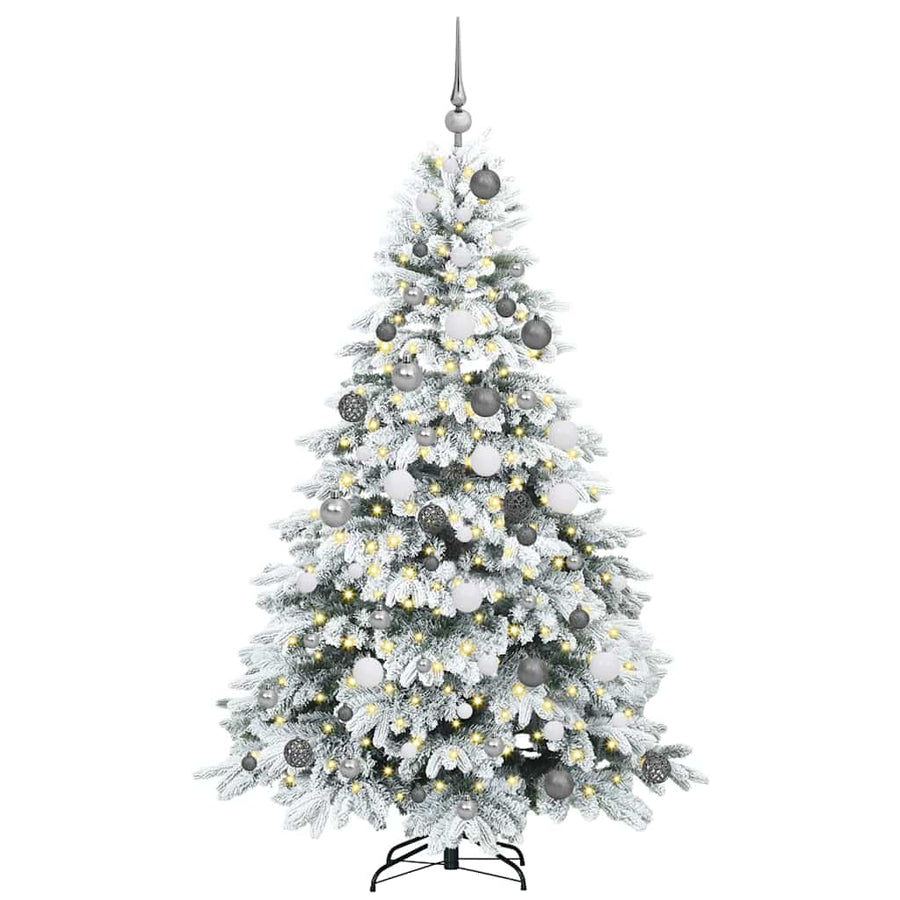 Kunstkerstboom Met 300 Led Met Standaard Pe En Pvc 180 cm Wit met LED's en witte/grijze ballen