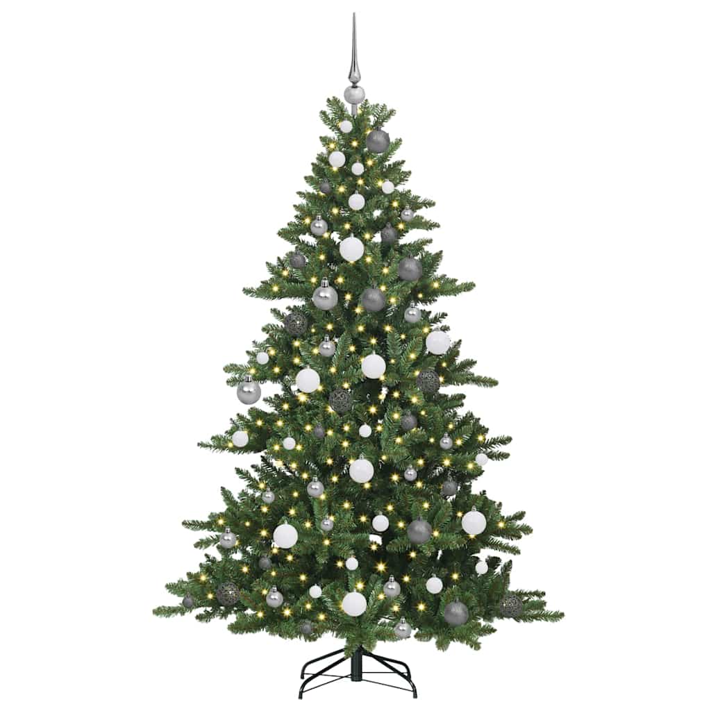 Kunstmatige Inklapbare Kerstboom Pvc En Staal 180 cm Groen met LED's en witte/grijze ballen