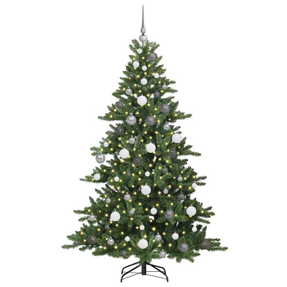 Kunstmatige Inklapbare Kerstboom Pvc En Staal 180 cm Groen met LED's en witte/grijze ballen