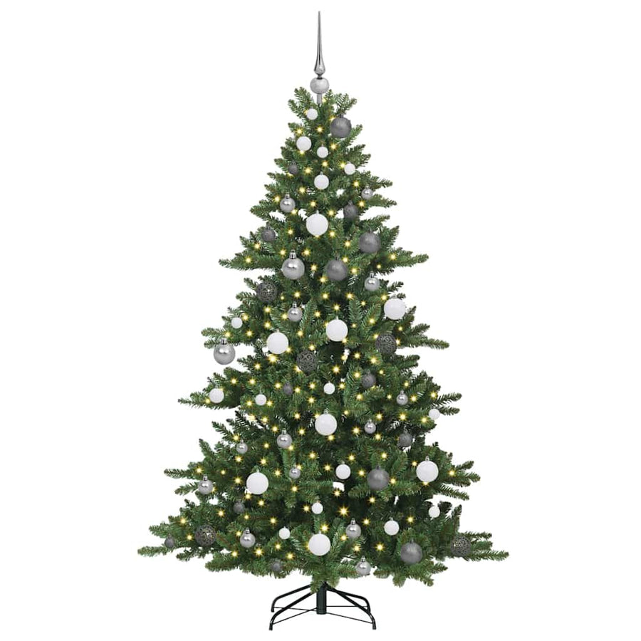 Kunstmatige Inklapbare Kerstboom Pvc En Staal 180 cm Groen met LED's en witte/grijze ballen