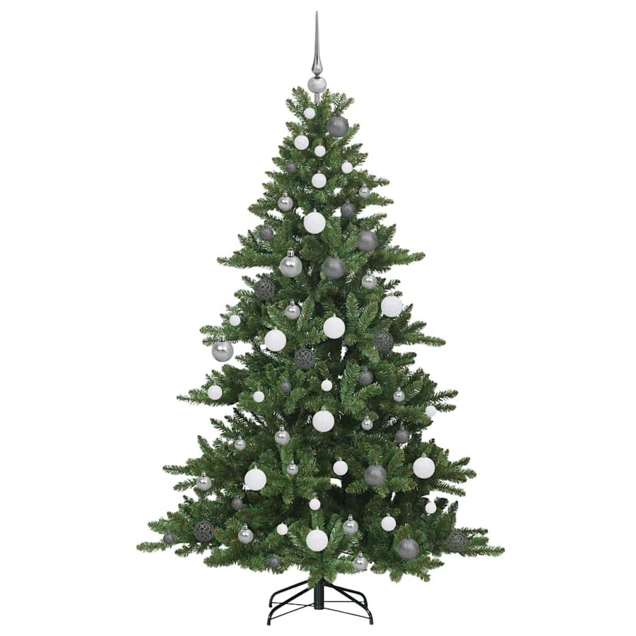 Kunstmatige Inklapbare Kerstboom Pvc En Staal 180 cm Groen met LED's en witte/grijze ballen