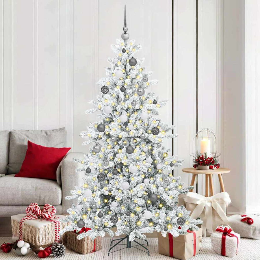 Kunstmatige Inklapbare Kerstboom Pvc En Staal 180 cm Wit met LED's en witte/grijze ballen