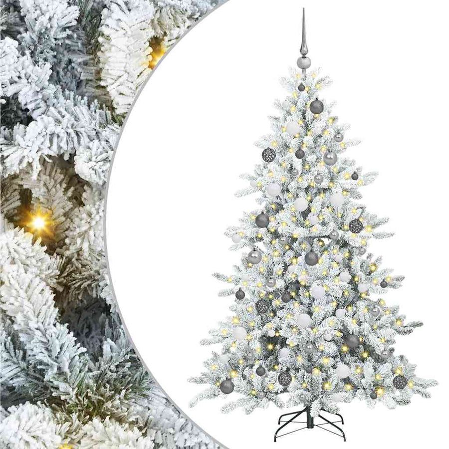 Kunstmatige Inklapbare Kerstboom Pvc En Staal 180 cm Wit met LED's en witte/grijze ballen