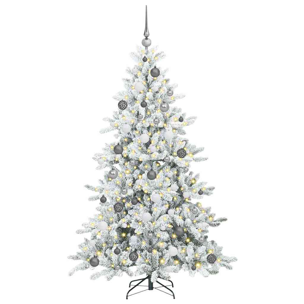 Kunstmatige Inklapbare Kerstboom Pvc En Staal 180 cm Wit met LED's en witte/grijze ballen