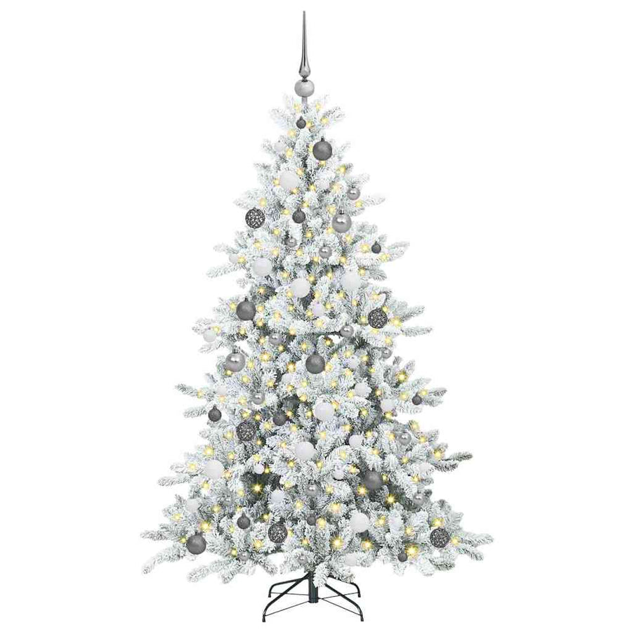Kunstmatige Inklapbare Kerstboom Pvc En Staal 180 cm Wit met LED's en witte/grijze ballen