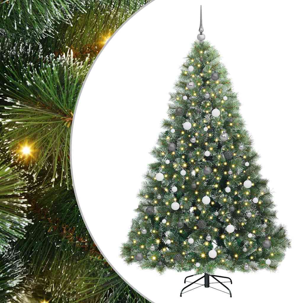 Kunstkerstboom Met 300 Led Met Standaard Groen Pe En Pvc 210 cm Wit met LED's en witte/grijze ballen