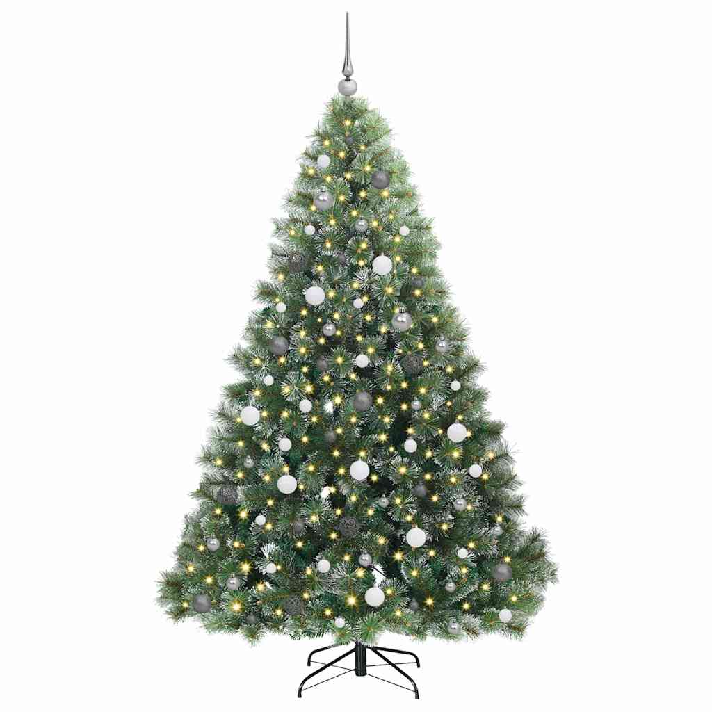 Kunstkerstboom Met 300 Led Met Standaard Groen Pe En Pvc 210 cm Wit met LED's en witte/grijze ballen
