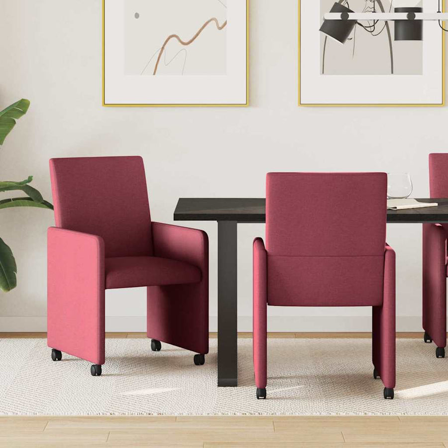 Eetstoelen met wielen 2 pcs Wijnrood 57 x 66 x 94 cm Stof