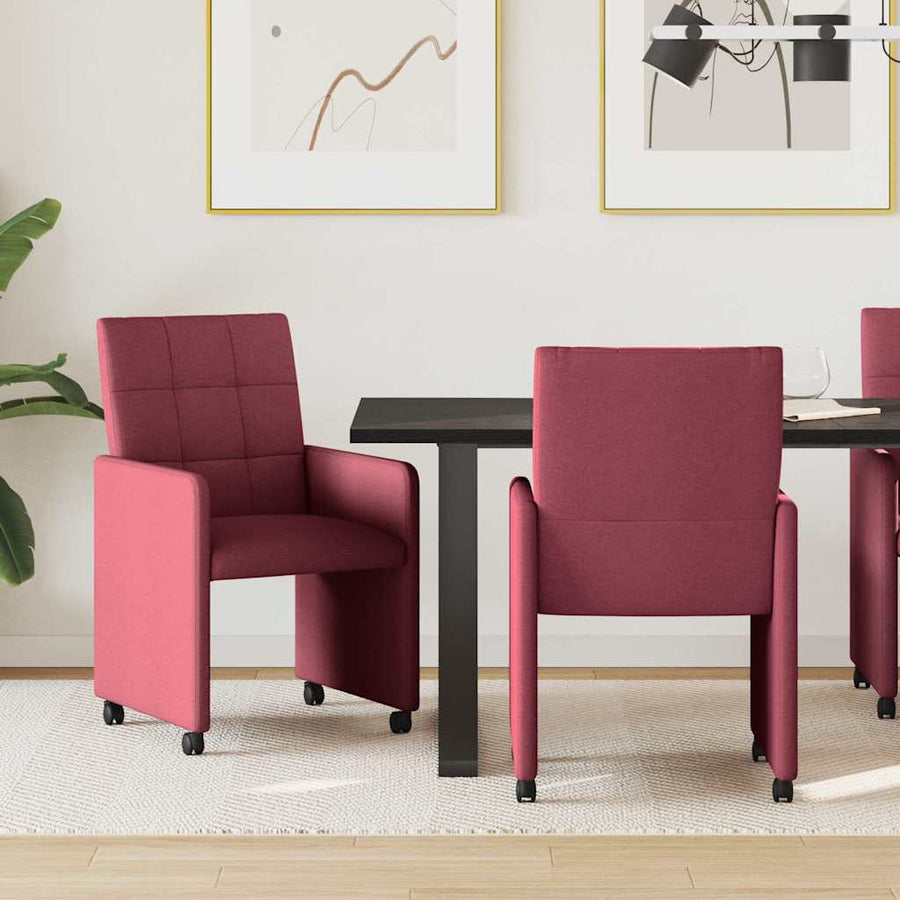 Eetstoelen met wielen 2 pcs Wijnrood 58 x 65 x 94 cm Stof
