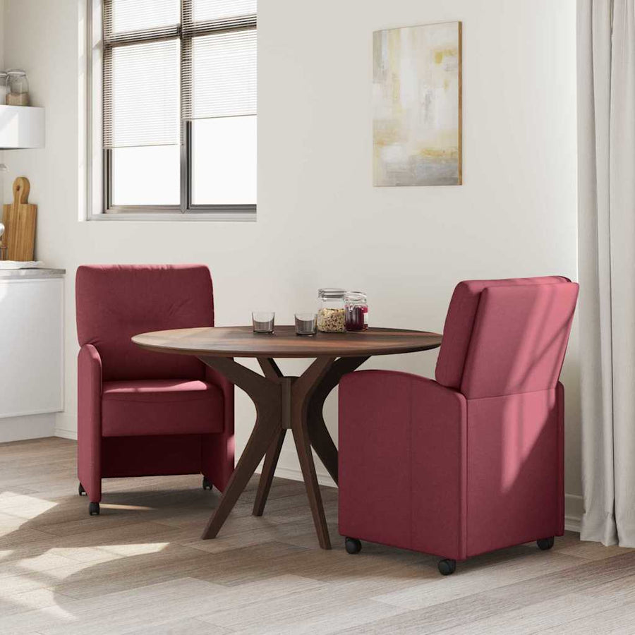 Eetstoelen met wielen 2 pcs Wijnrood 57 x 67 x 95 cm Stof