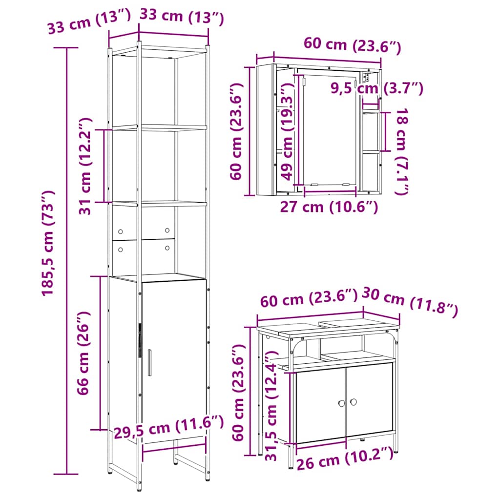 Badkamermeubelset 3 pcs Sonoma eiken 33 x 33 x 185.5 cm