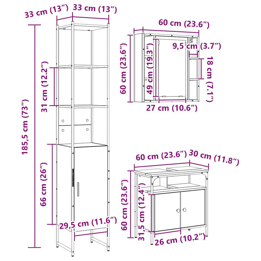 Badkamermeubelset 3 pcs Sonoma eiken 33 x 33 x 185.5 cm