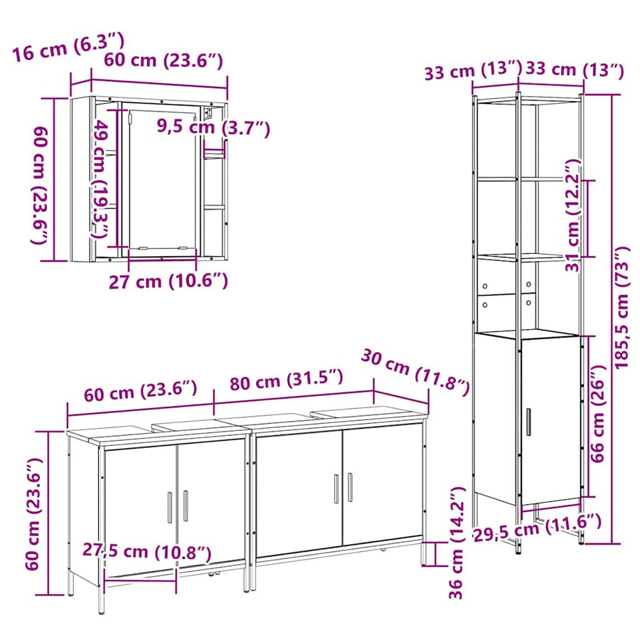 Badkamermeubelset 4 pcs Sonoma eiken 33 x 33 x 185.5 cm