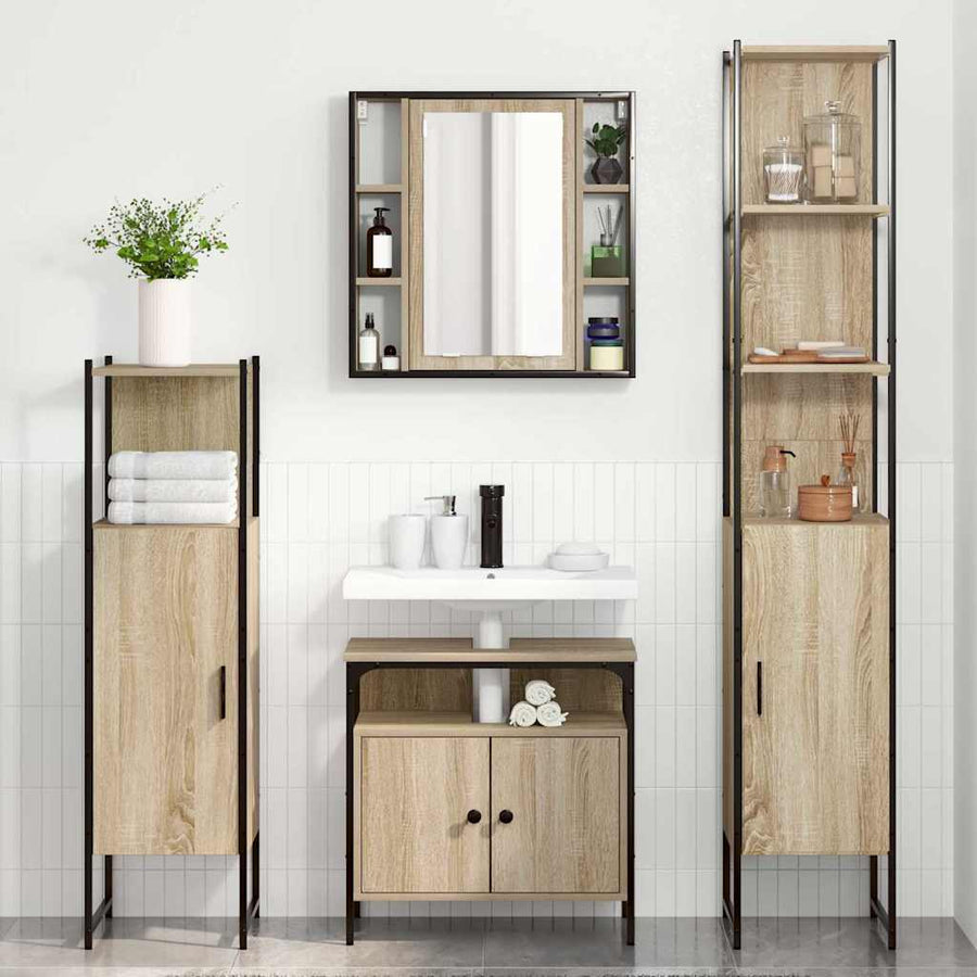Badkamermeubelset met plank Wandgemonteerd Anders met opslag met de deur met spiegel 4 pcs Sonoma eiken