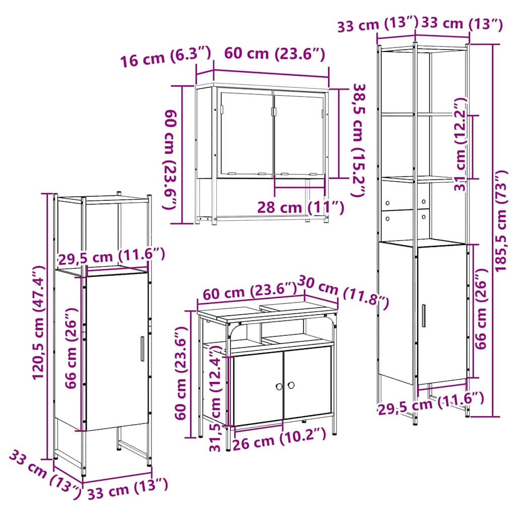 Badkamermeubelset 4 pcs Sonoma eiken 33 x 33 x 188.5 cm