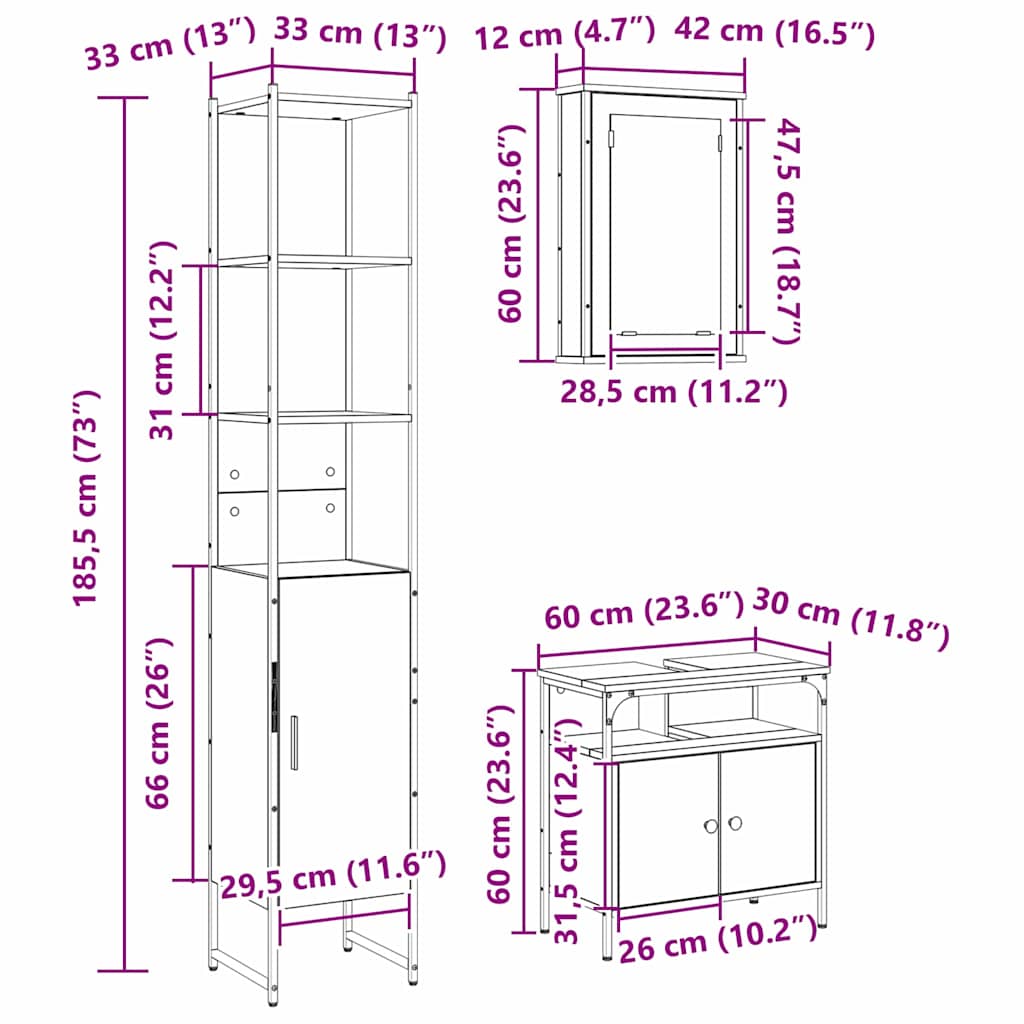 Badkamermeubelset 3 pcs Sonoma eiken 33 x 33 x 185.5 cm