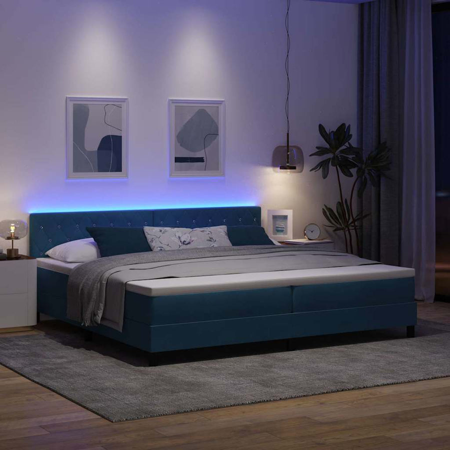 LED Box Spring Bed met matras Donkerblauw 200 x 200 cm Fluweel