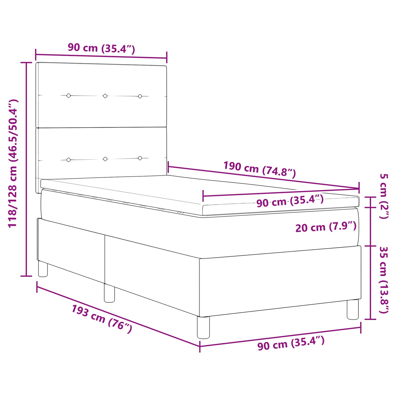 Boxspring bed met hoofdeinde Donkergrijs 90 x 190 cm Stof
