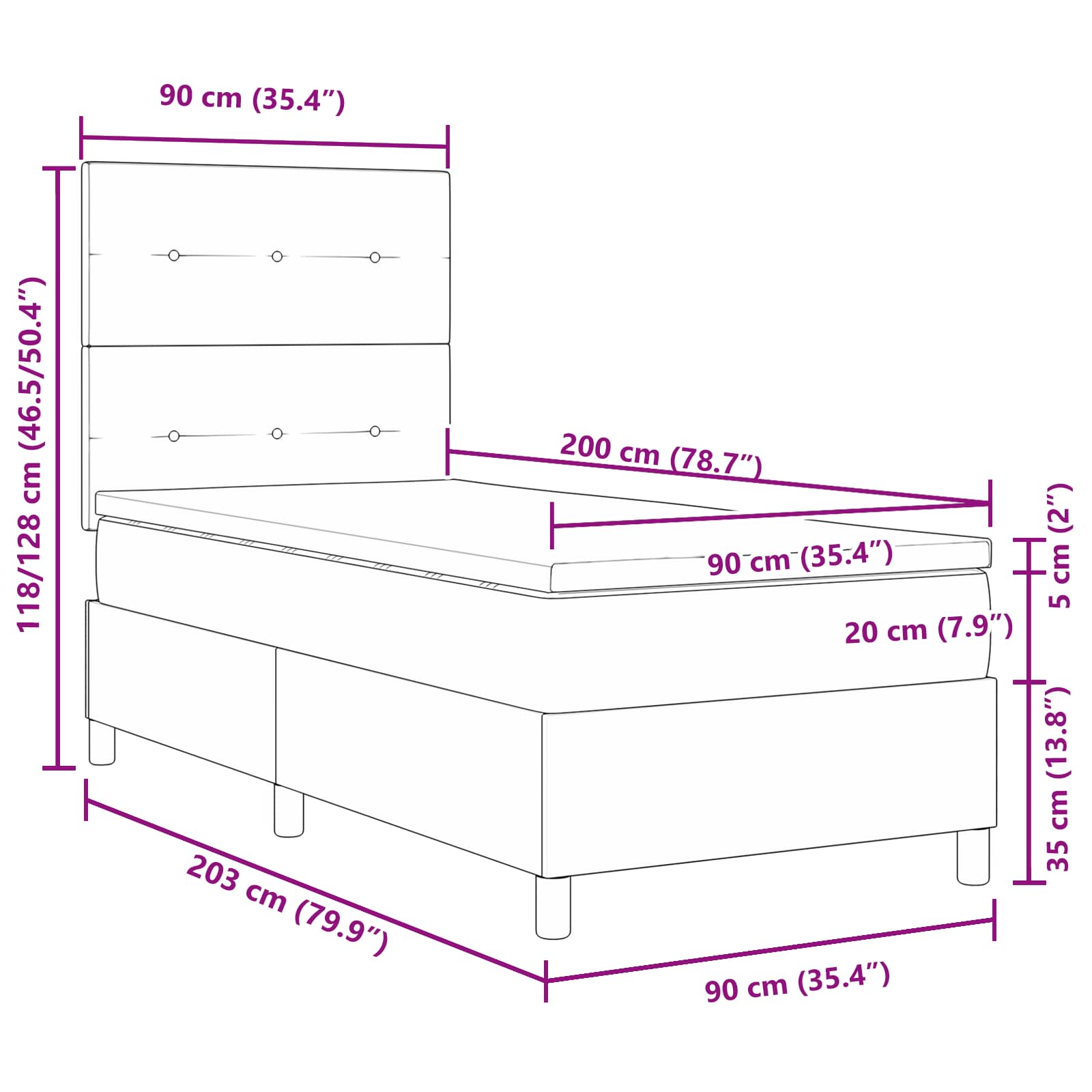 Boxspring bed met hoofdeinde Donkergrijs 90 x 200 cm Stof