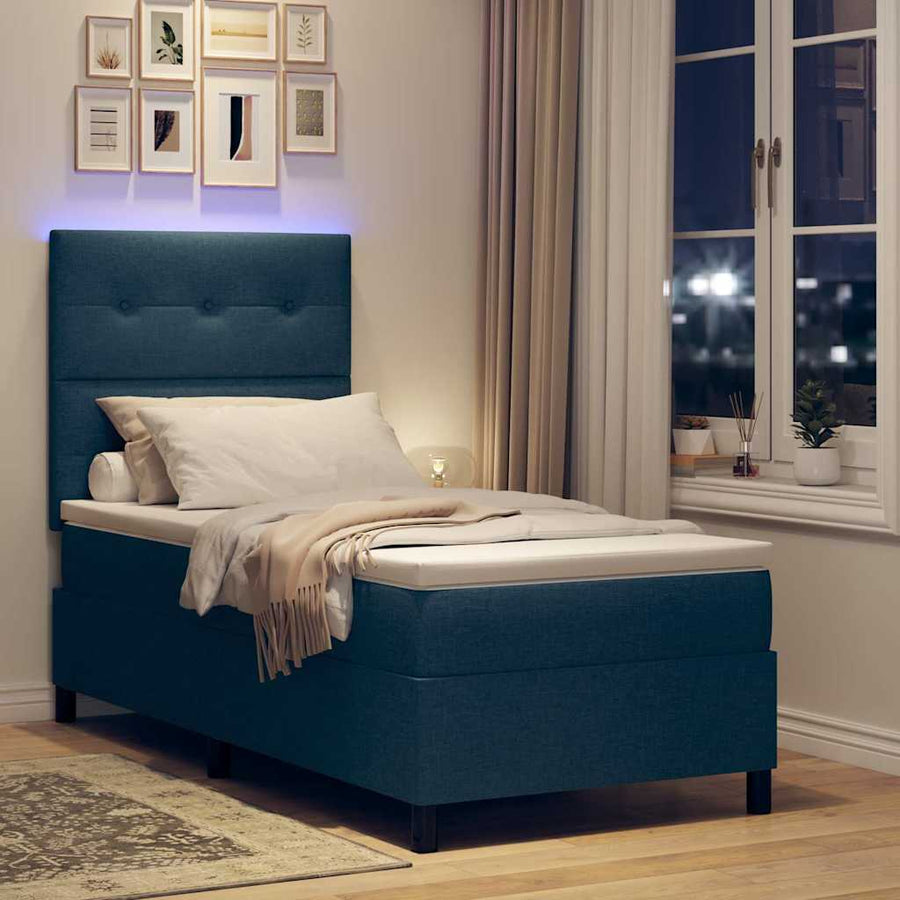 Boxspring bed met LED-stripverlichting Blauw 90 x 200 cm Stof