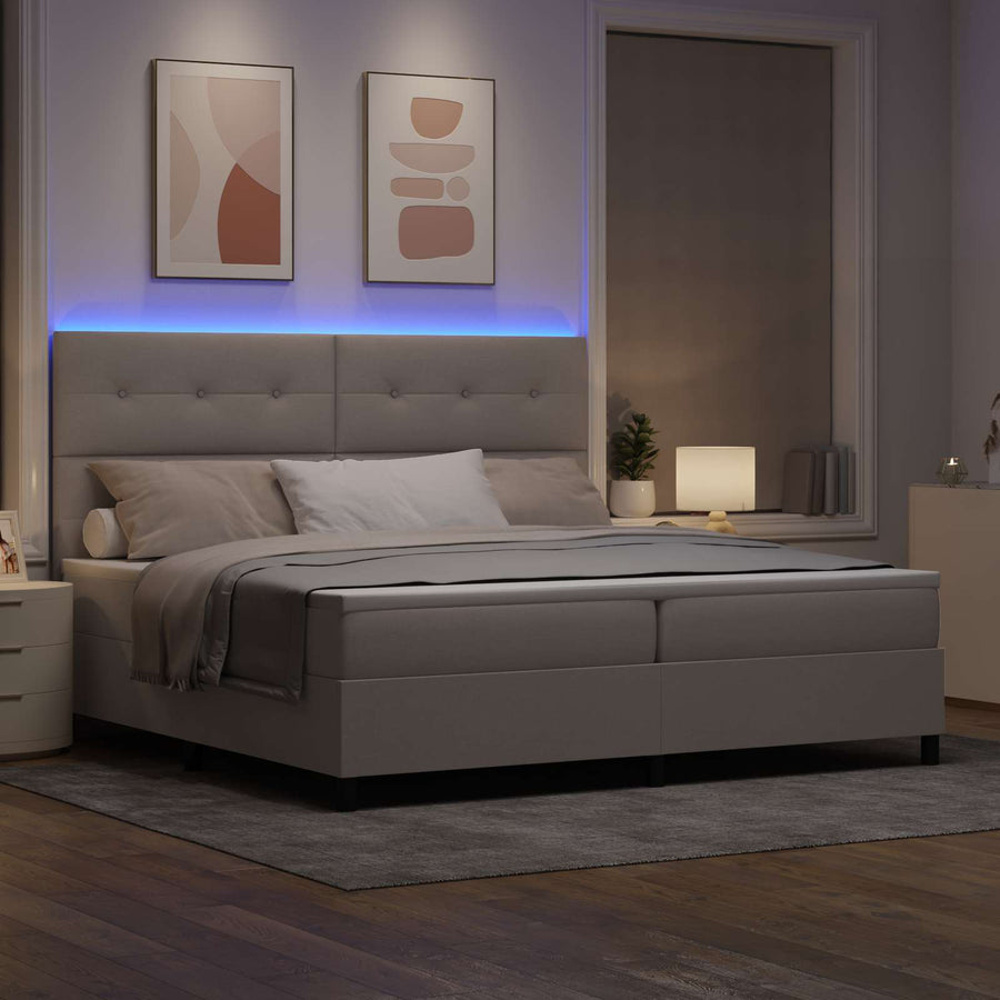 Boxspring bed met LED-stripverlichting Taupe 200 x 200 cm Stof
