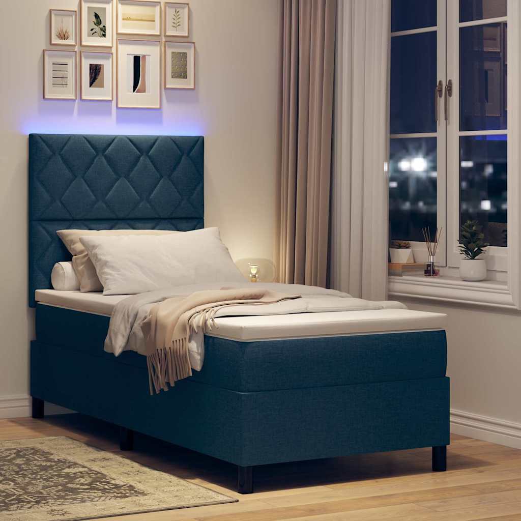 Boxspring bed met LED-stripverlichting Blauw 90 x 200 cm Stof