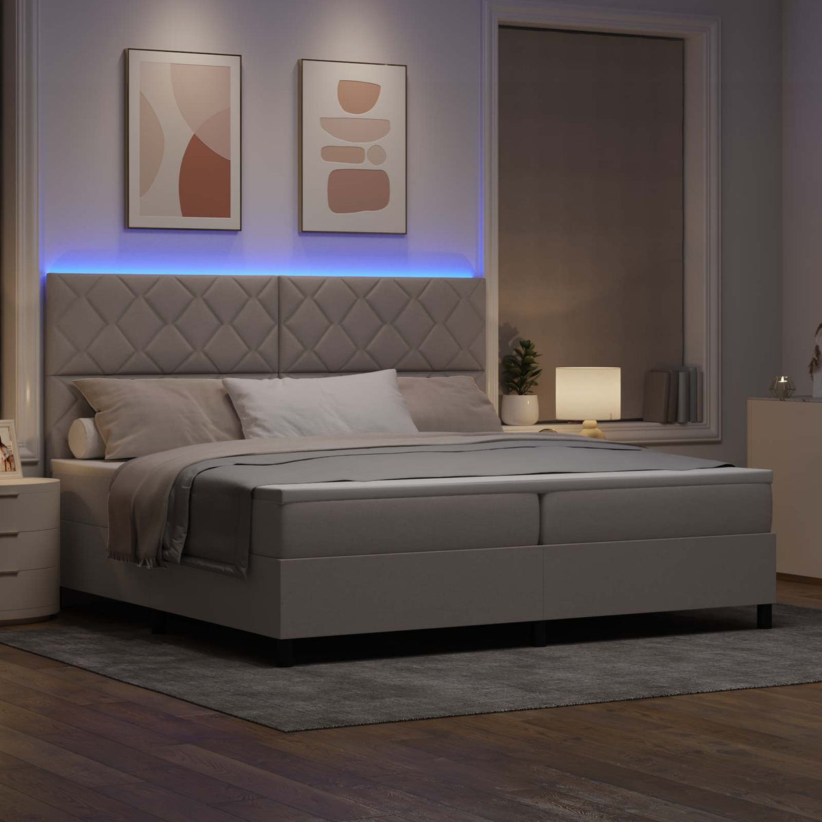 Boxspring bed met LED-stripverlichting Taupe 200 x 200 cm Stof