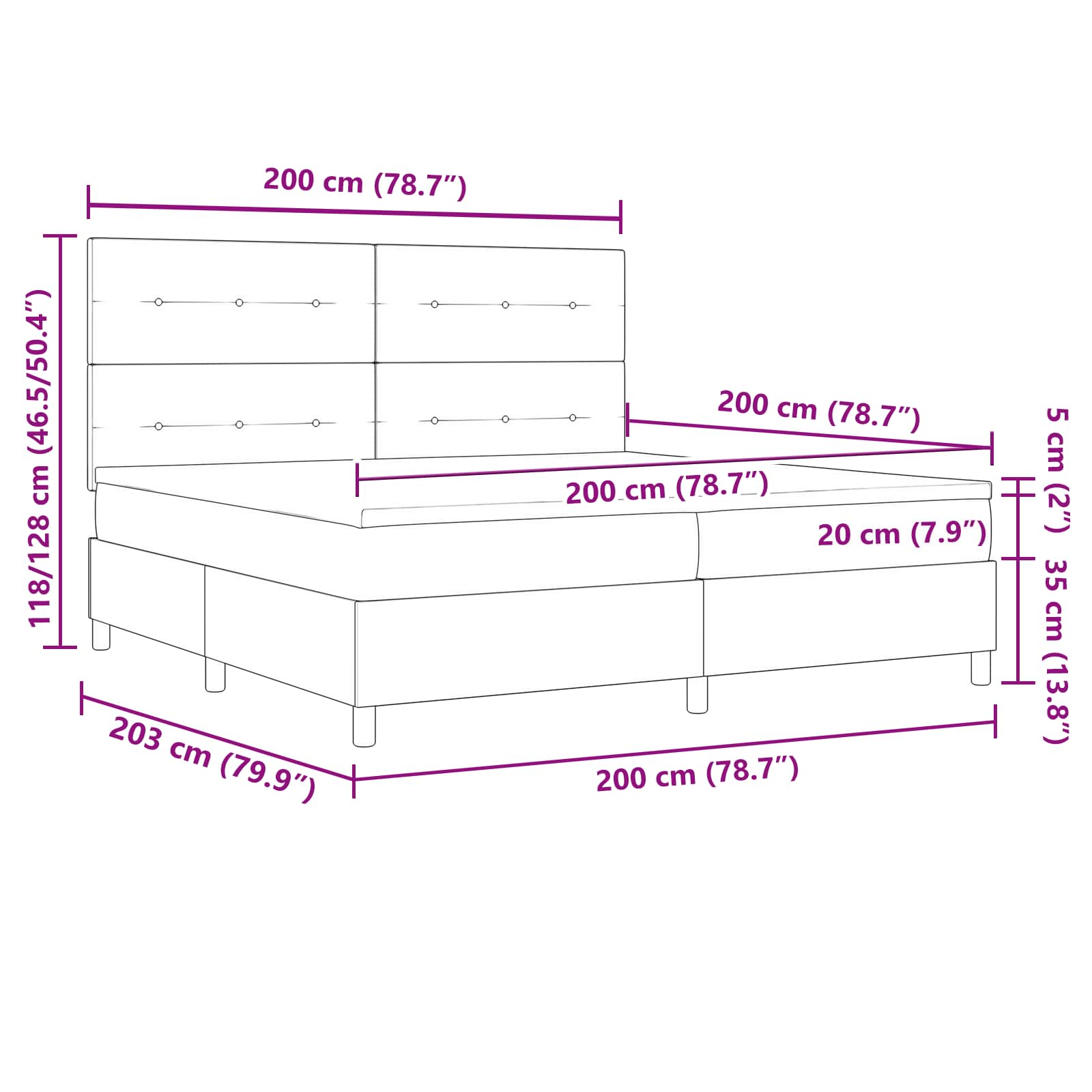 LED Box Spring Bed met hoofdeinde Donkergrijs 200 x 200 cm Stof