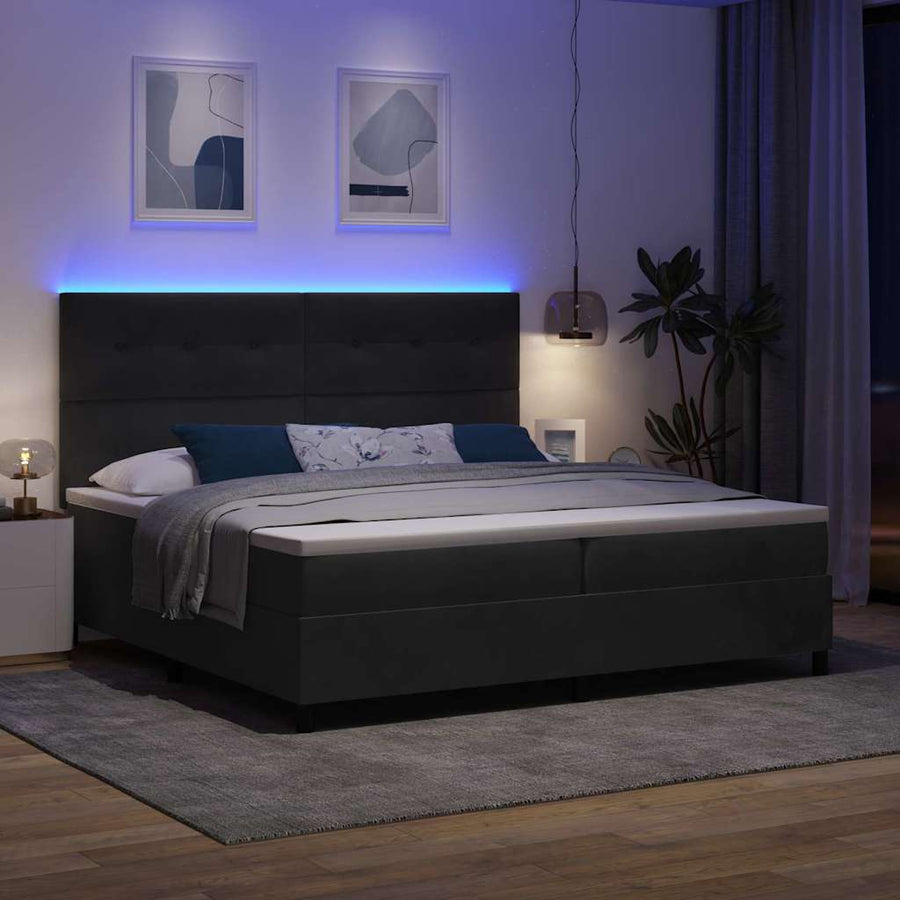 Led Box Spring Bed Met Matras Stof Zwart 200 x 200 cm Knopgecontracteerd