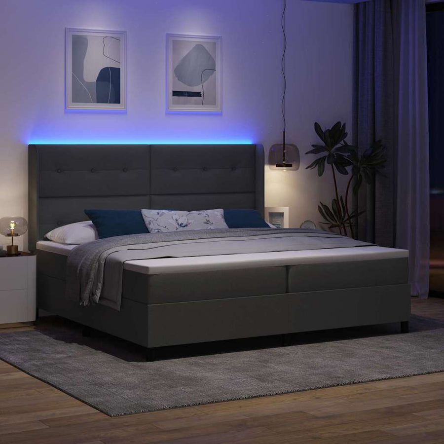 LED Box Spring Bed met hoofdeinde Donkergrijs 200 x 200 cm Stof
