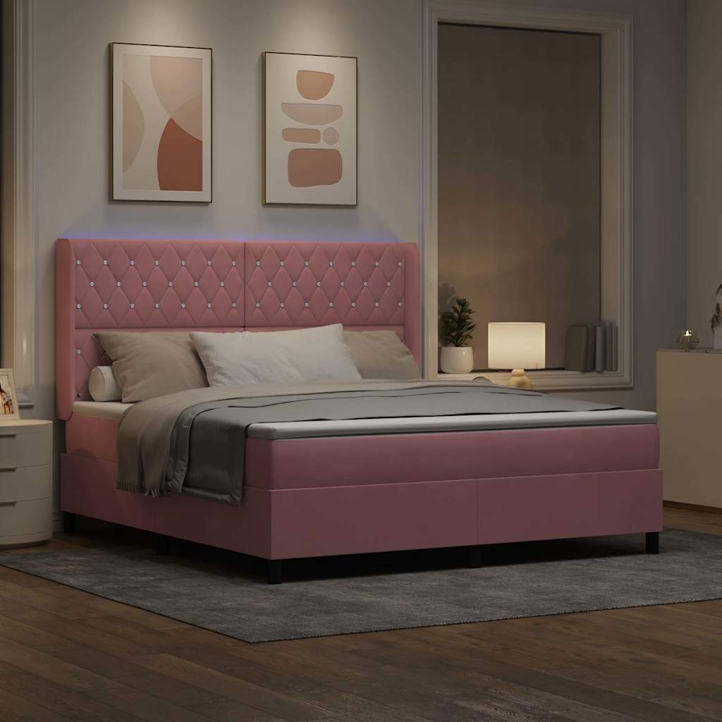 LED Boxspring Bed met Matras Geruit Roze 180 x 200 cm Fluweel