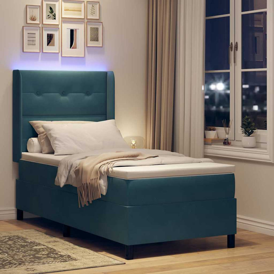 Led Boxspring Bed Met Matras Blauw Fluweel Donkerblauw 100 x 200 cm