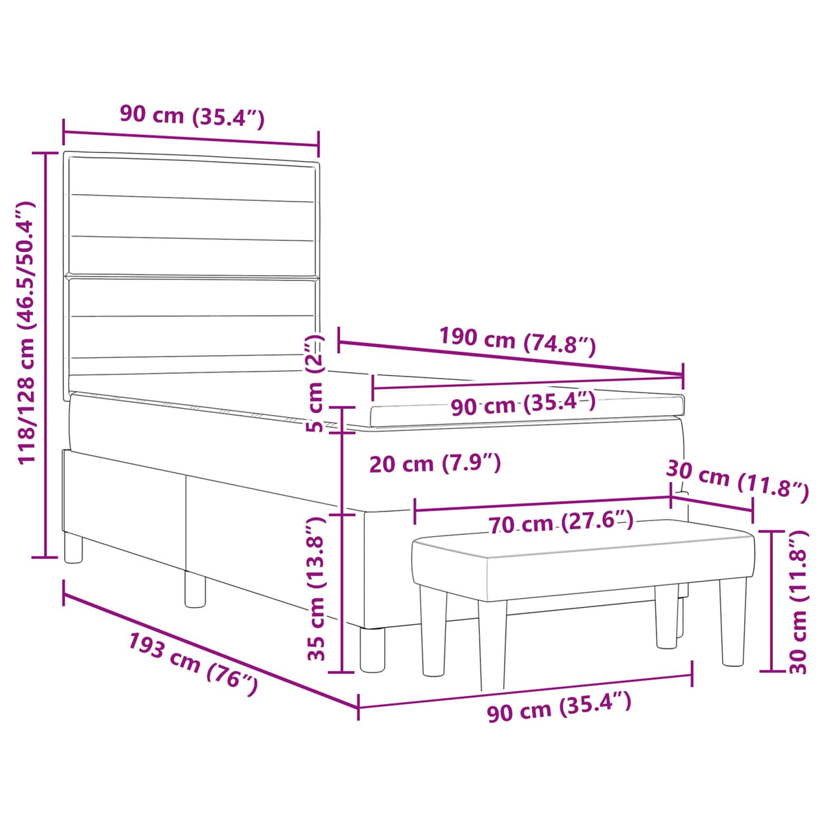 Boxspringbed met hoofdeinde Lichtgrijs 90 x 190 cm Stof