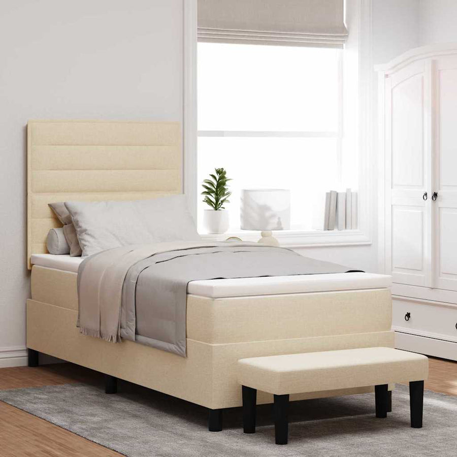 Boxspring Bed Met Matras Stof & Bewerkt Hout Crème 100 x 200 cm Lijnen ontwerp
