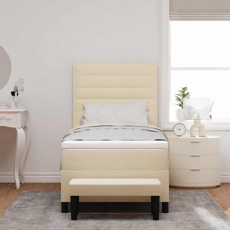 Boxspring Bed Met Matras Stof & Bewerkt Hout Crème 100 x 200 cm Lijnen ontwerp