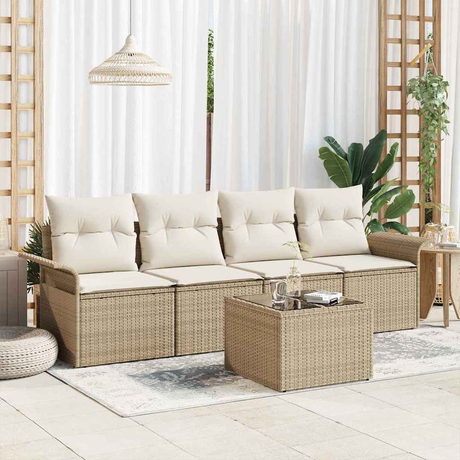 Tuin Sofa Set met kussen 5 pcs Beige en Crème poly rattan