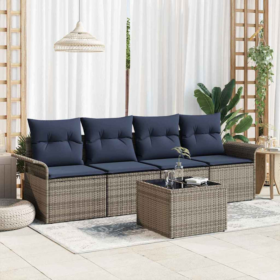 Tuin Sofa Set met kussen 5 pcs Grijs en Marineblauw poly rattan