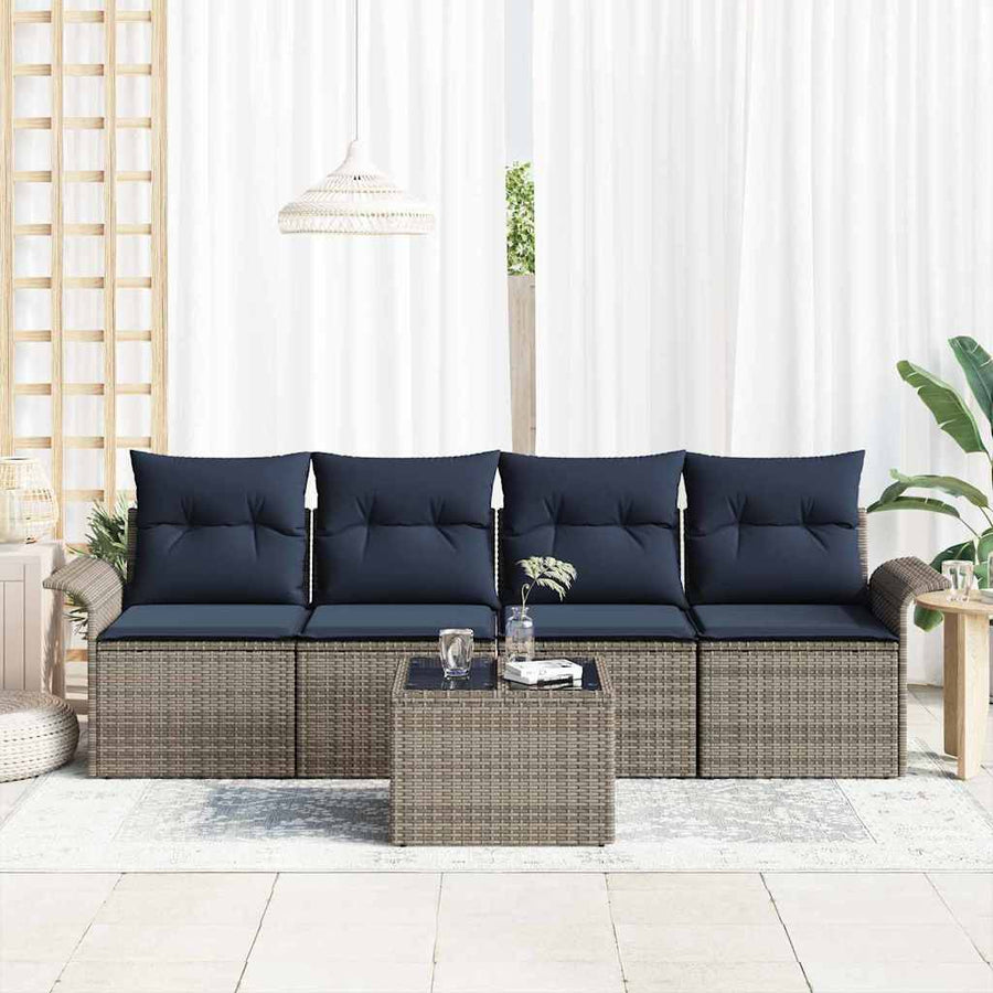 Tuin Sofa Set met kussen 5 pcs Grijs en Marineblauw poly rattan