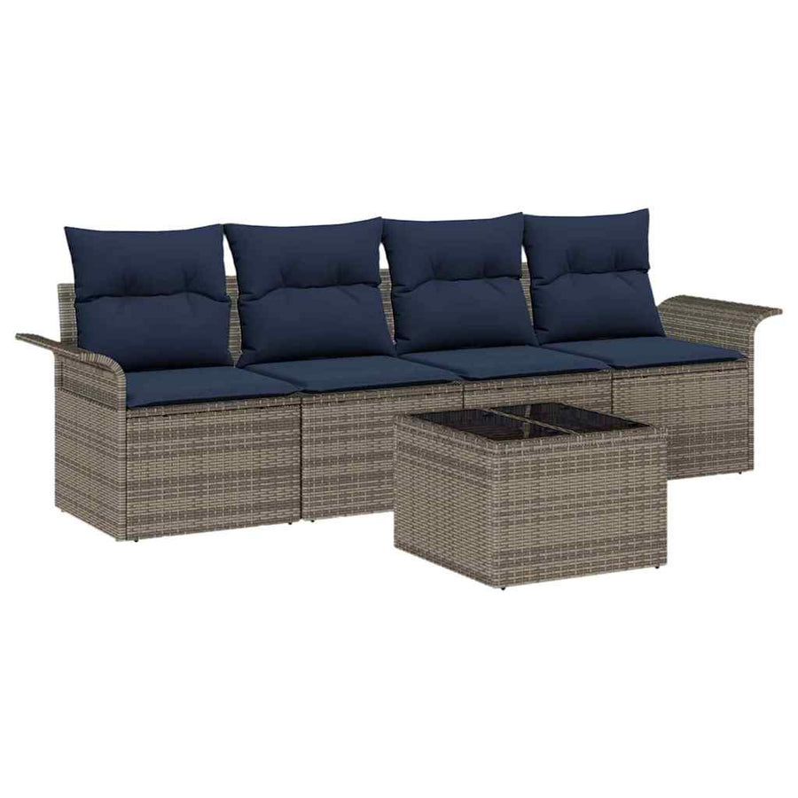 Tuin Sofa Set met kussen 5 pcs Grijs en Marineblauw poly rattan