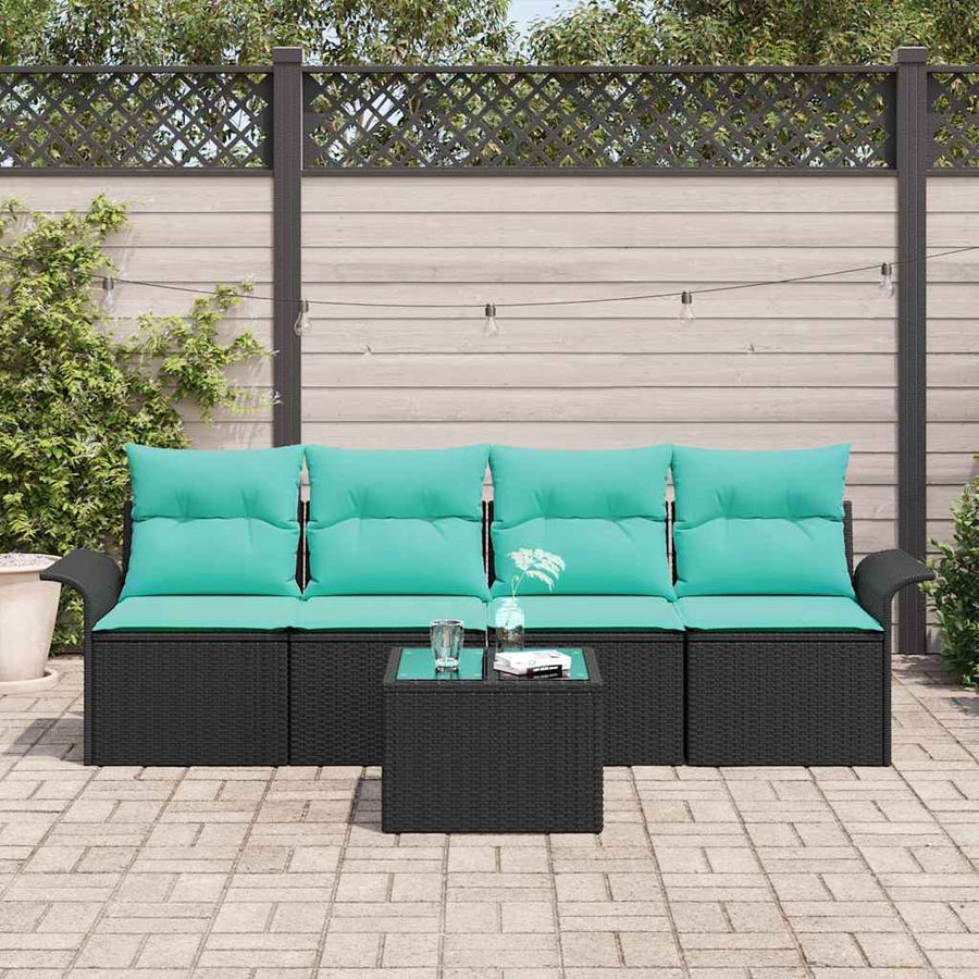 Tuin Sofa Set met kussen 5 pcs Zwart en Turquoise poly rattan