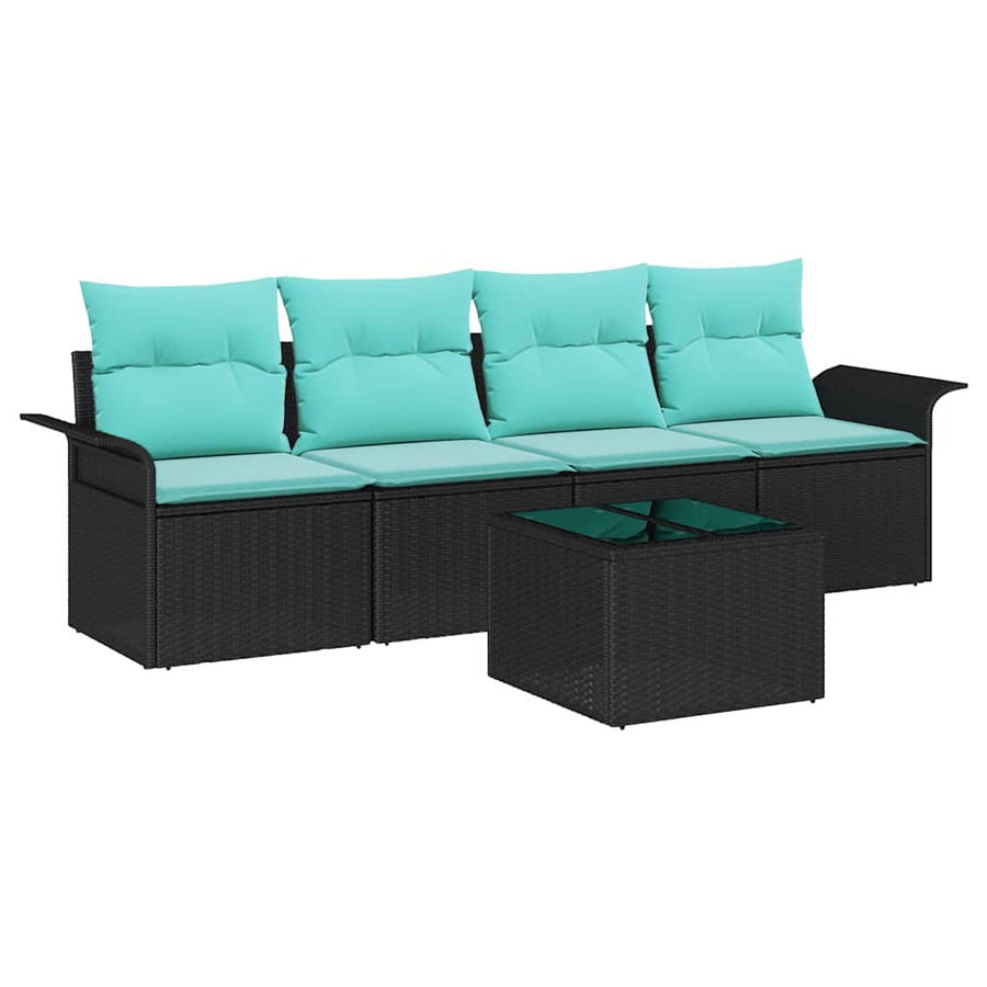 Tuin Sofa Set met kussen 5 pcs Zwart en Turquoise poly rattan
