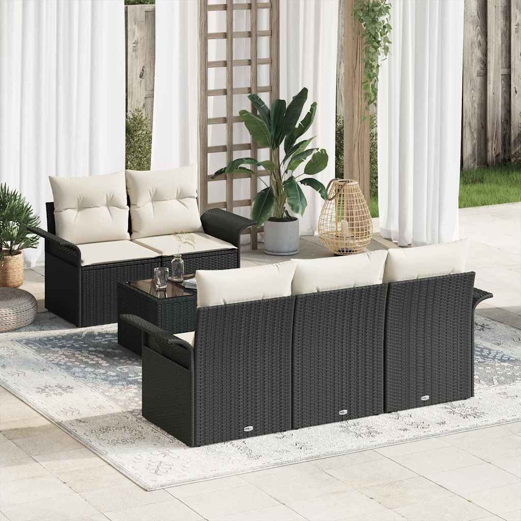 Tuin Sofa Set 6 pcs Zwart en Crème Poly rattan, staal en glas