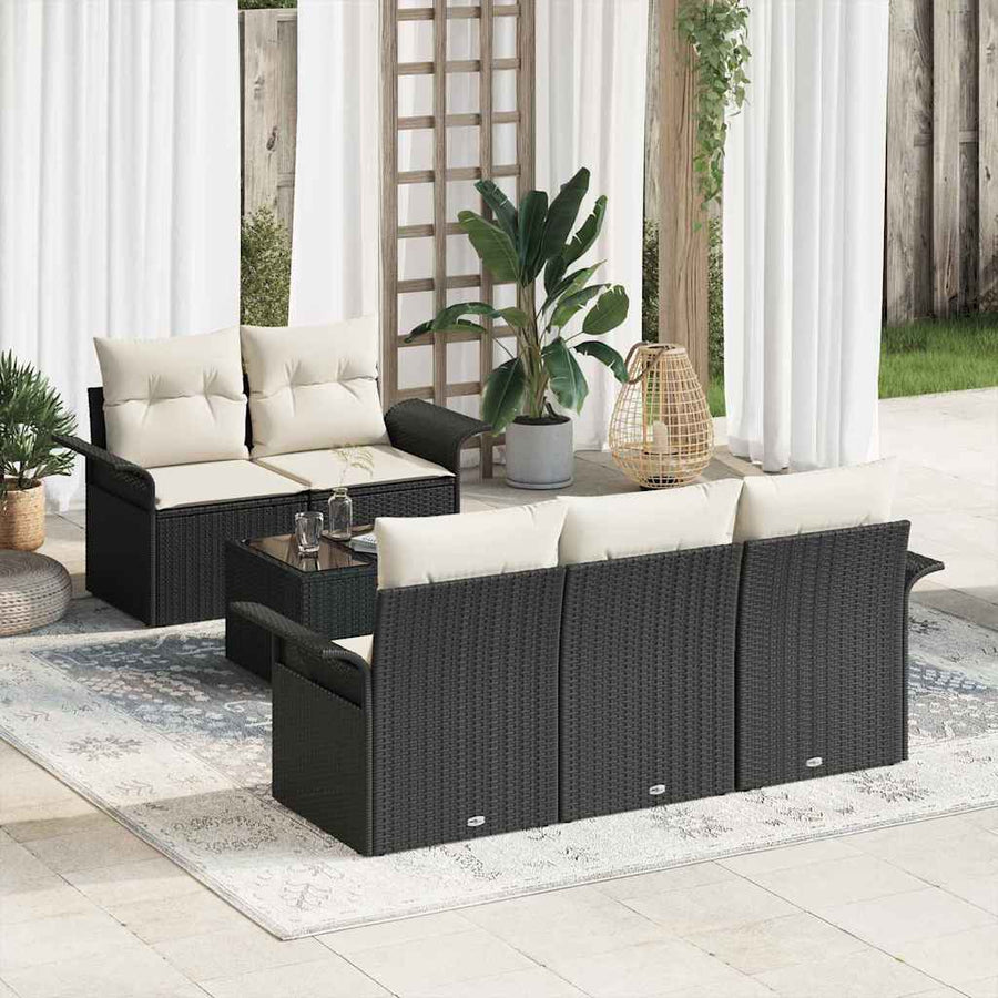 Tuin Sofa Set 6 pcs Zwart en Crème Poly rattan, staal en glas