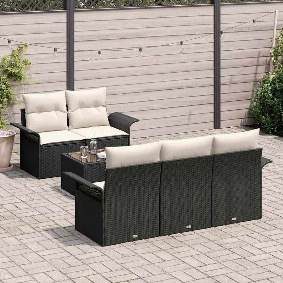 Tuin Sofa Set 6 pcs Zwart en Crème Poly rattan, staal en glas