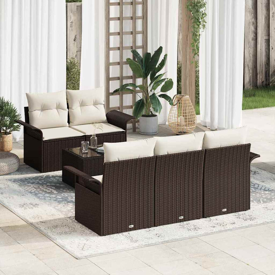 Tuin Sofa Set 6 pcs Bruin en Crème Poly rattan, staal en glas