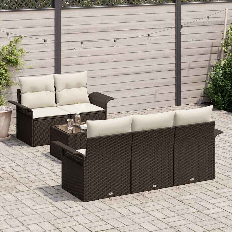 Tuin Sofa Set 6 pcs Bruin en Crème Poly rattan, staal en glas