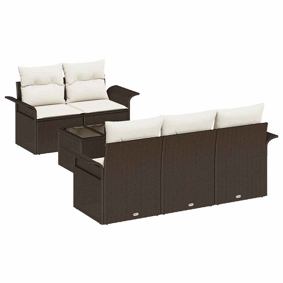 Tuin Sofa Set 6 pcs Bruin en Crème Poly rattan, staal en glas