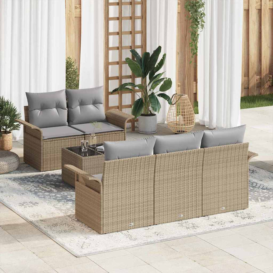 Tuin Sofa Set 6 pcs Beige en Grijs Poly rattan, staal en glas